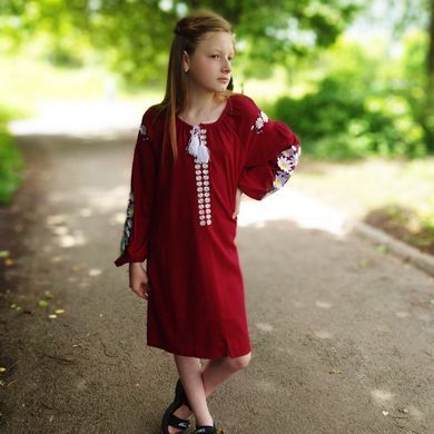 Детское вышитое платье "Сара" на бордовом льне, 116 (ріст)